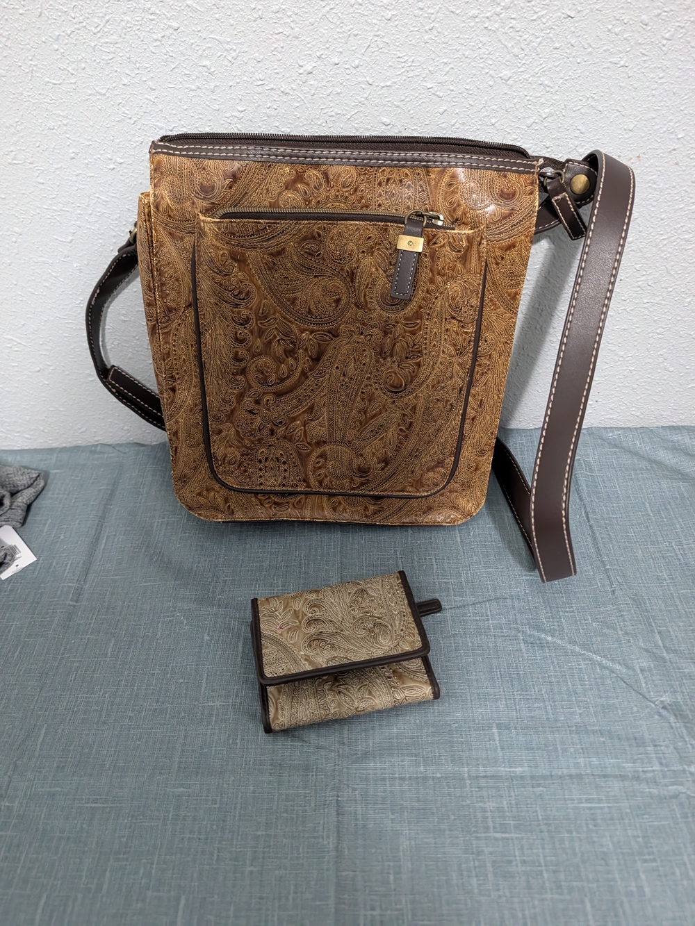Leather Paisley Crossbody Bag in Brown - Shoulder Bag